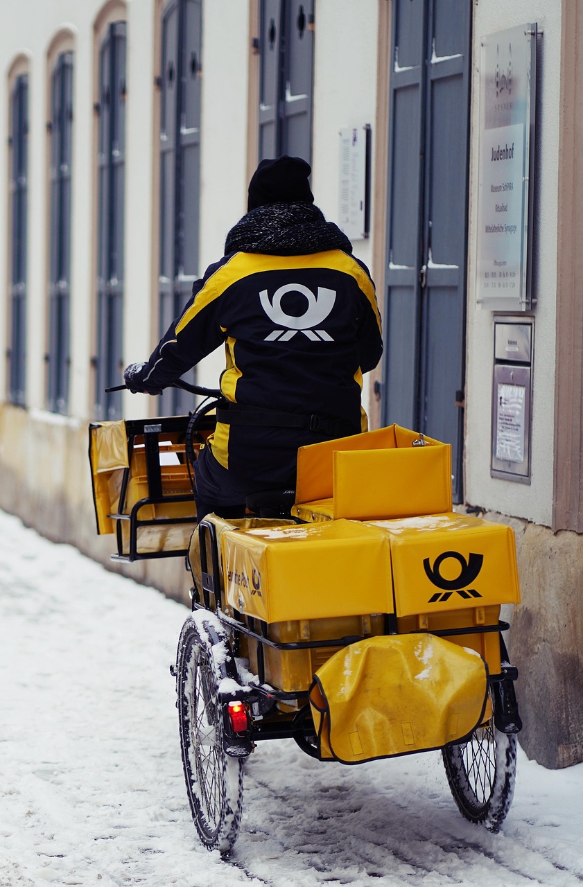 bicycle, delivery, snow, winter, bike, mail, nature, letters, logistics, shipping, parcel shipping, package delivery, parcel delivery, parcel service, transport, dhl bike, german post, vehicle, road, street